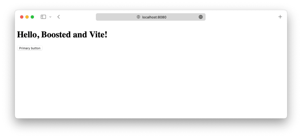 Unbranded webpage with the title 'Hello, Boosted and Vite!' and a default button